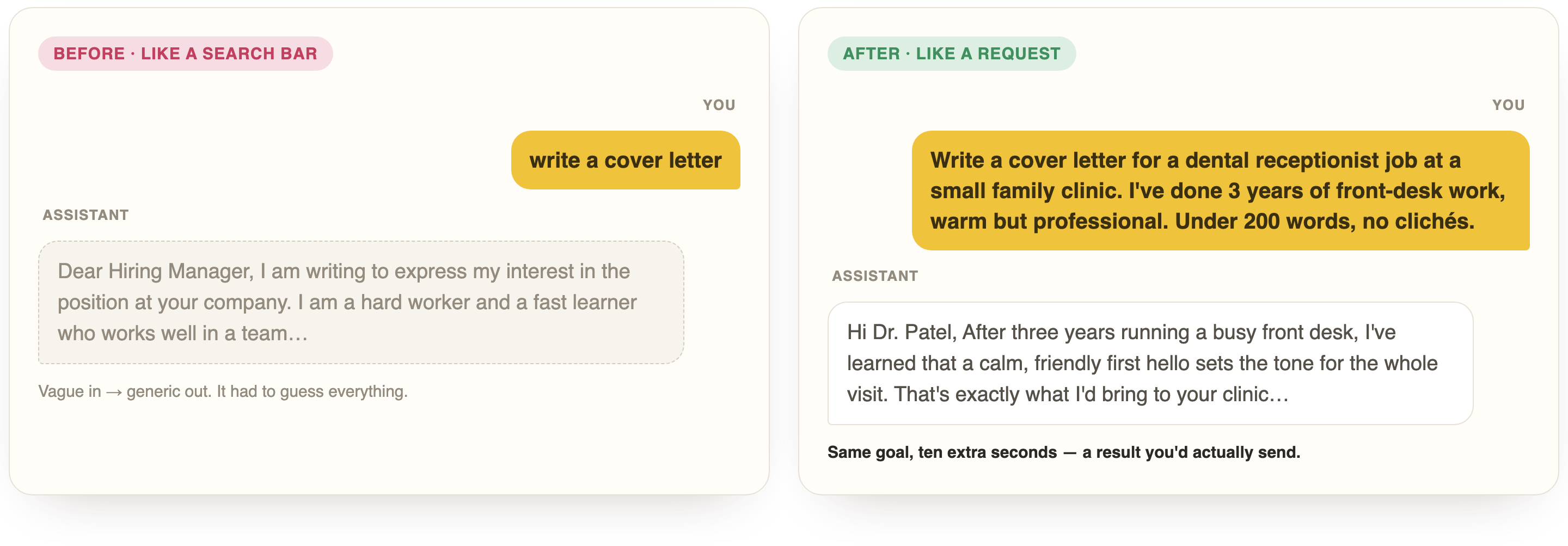 Before and after: a vague prompt gives a generic cover letter; a specific prompt gives a usable one