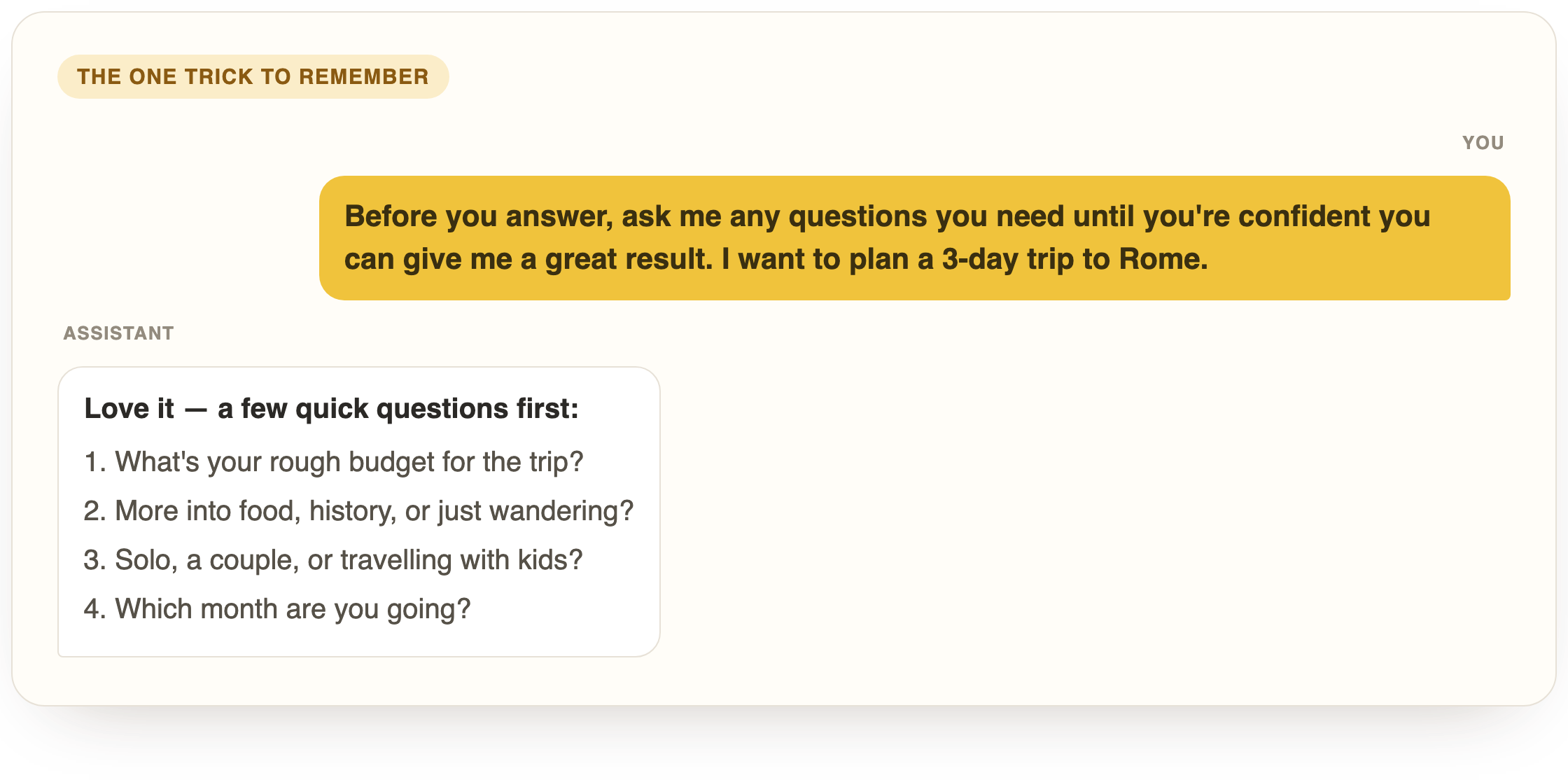 ChatGPT asking clarifying questions back before planning a trip to Rome