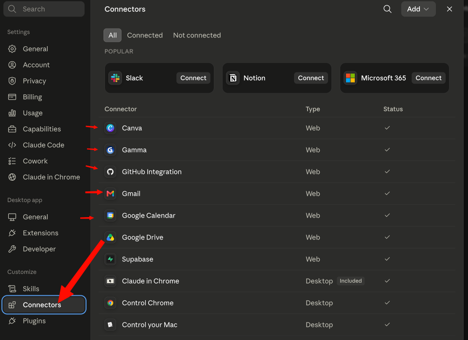 The Connectors screen in Settings, with Gmail, Google Calendar and other apps you can connect.