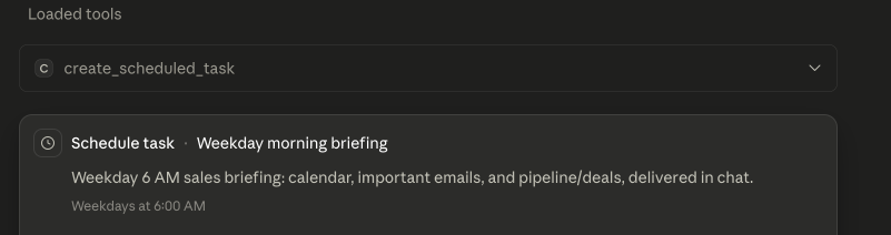 A scheduled task being created in Cowork — a Weekday morning briefing set to run at 6 AM.