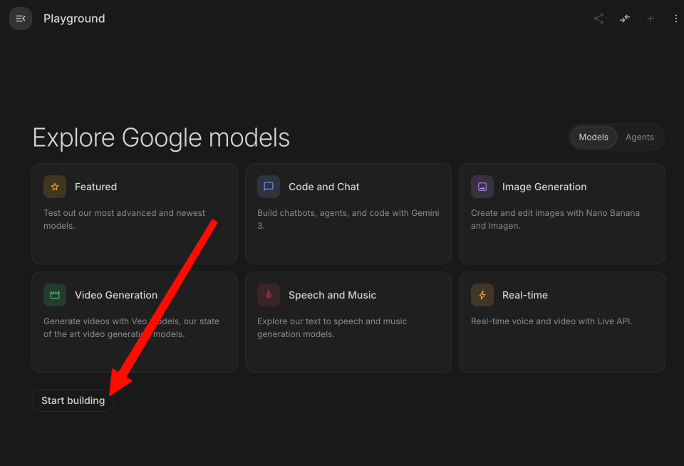 The Google AI Studio Playground with model categories and the Start building button.