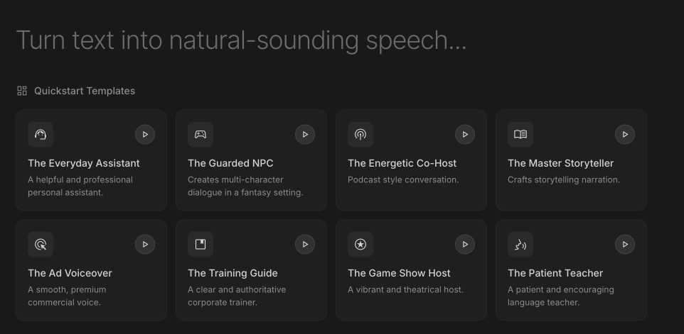 The text-to-speech screen with voice templates in Google AI Studio.