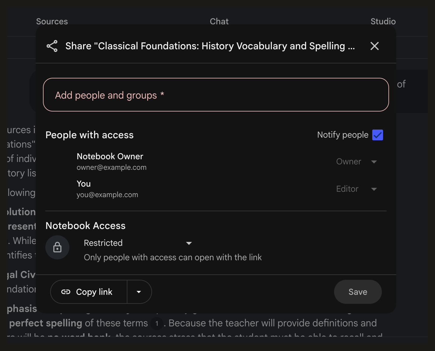The NotebookLM Share dialog with the Copy link button