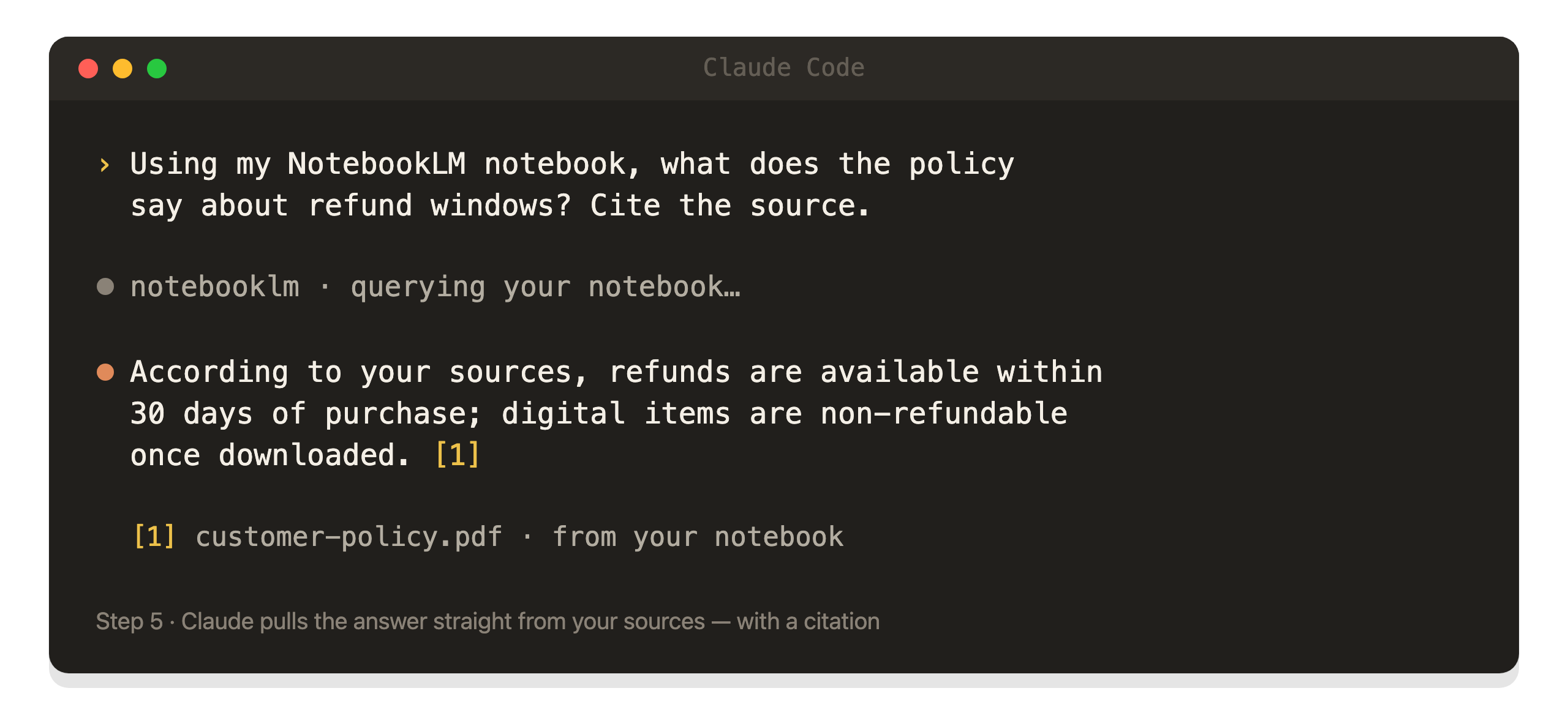 Claude Code answering a question with a citation pulled from the notebook