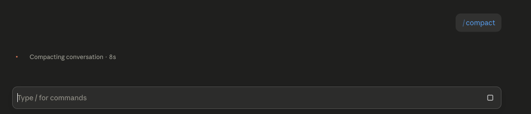 The /compact command compacting a Claude Code conversation to free up context.