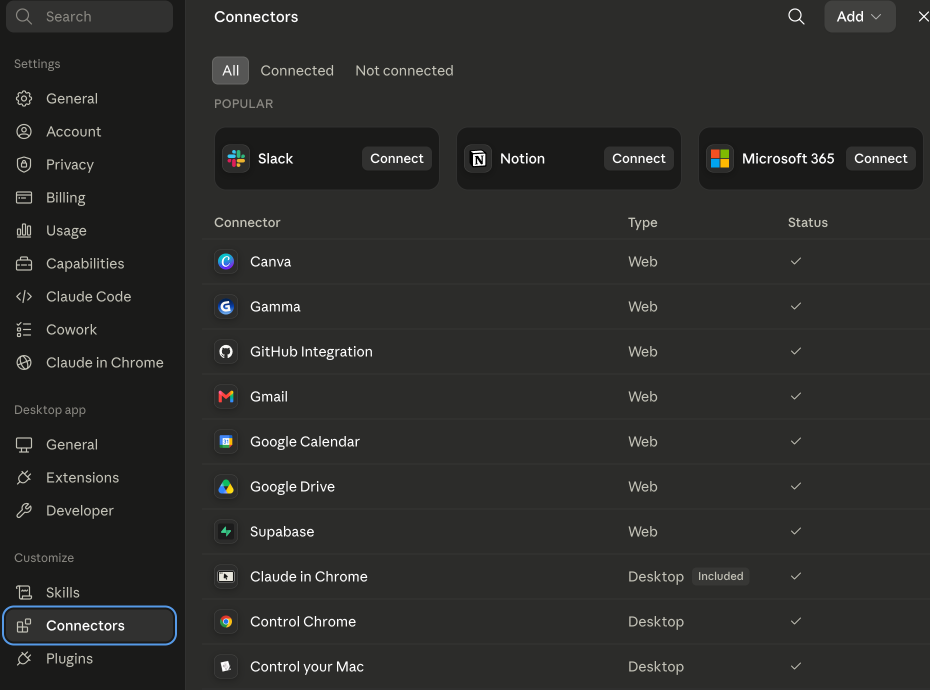 The Claude connectors panel showing Slack, Notion, Microsoft 365, Google Drive, GitHub and more that can be connected.